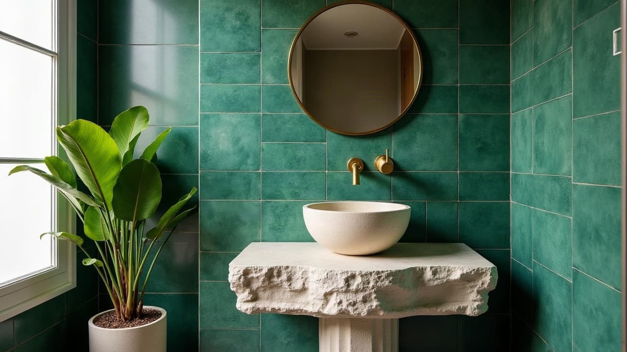 Salle de bains en zellige vert émeraude brillant, vasque en pierre et robinetterie en laiton