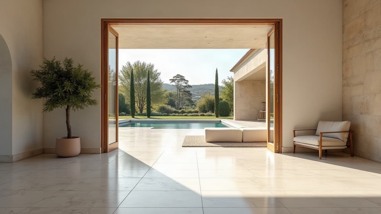 Séjour d'une villa provençale au sol en grand format effet marbre blanc veiné gris, baie ouverte sur une piscine