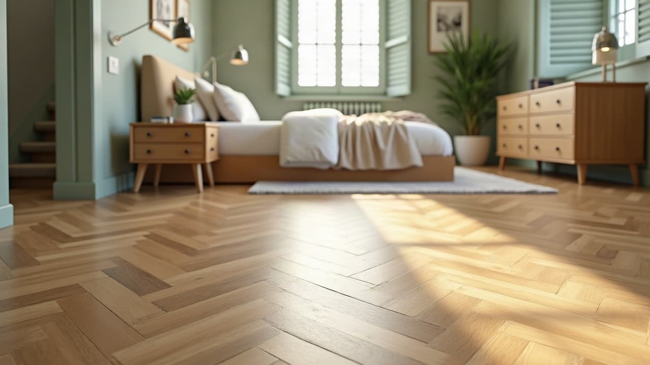 Suite parentale au sol en chevrons effet chêne clair posés en point de Hongrie, volets peints en vert
