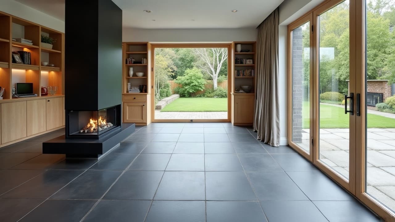 Séjour contemporain au sol en grand format anthracite mat effet ardoise, cheminée suspendue noire