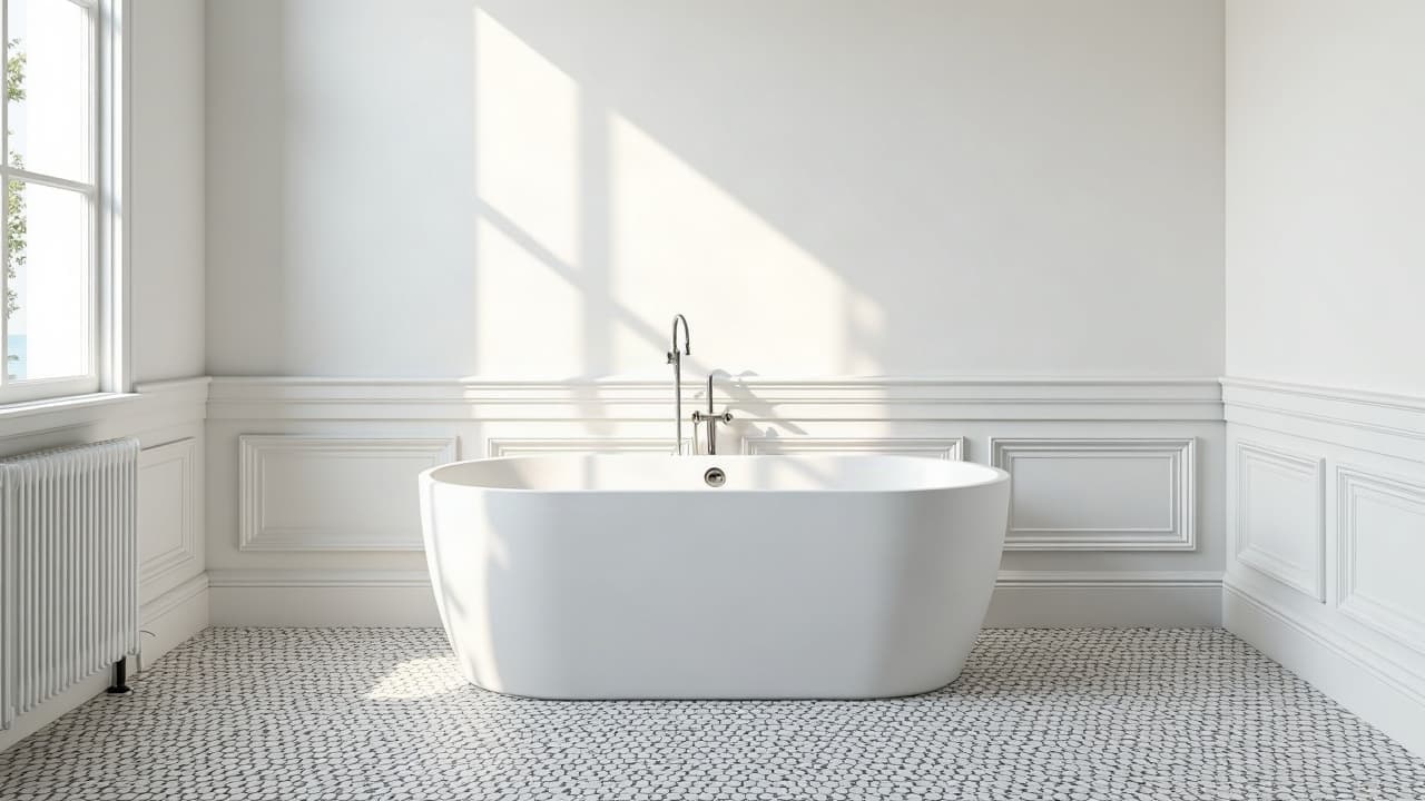 Salle de bains rétro chic au sol en mosaïque hexagonale noir et blanc, baignoire îlot, murs blancs
