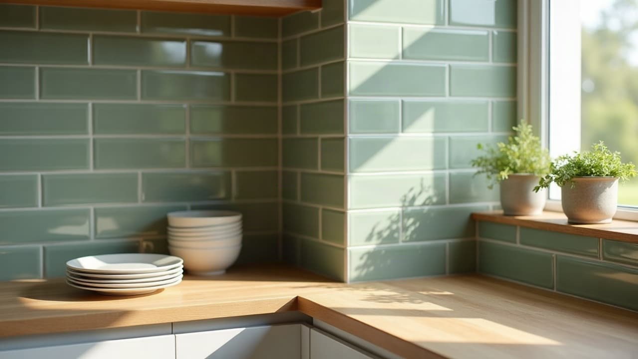 Crédence de cuisine en faïence métro vert olive brillante, plan de travail en chêne