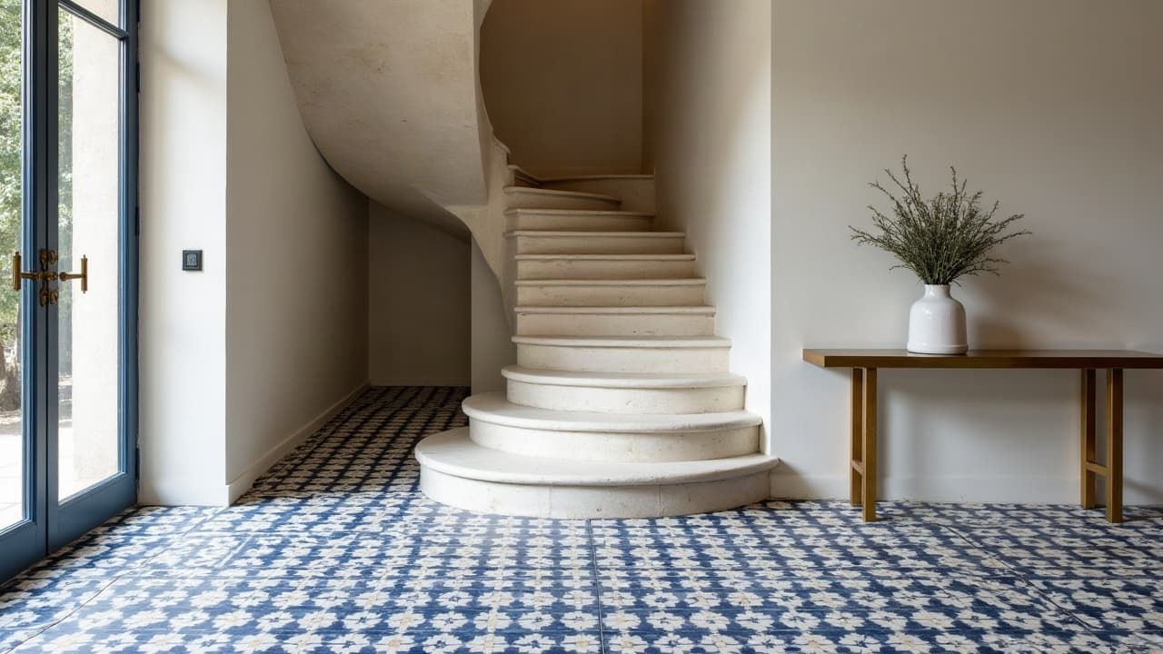 Entrée d'une maison de caractère au sol en carreaux de ciment à motifs bleu nuit et blanc, escalier en pierre