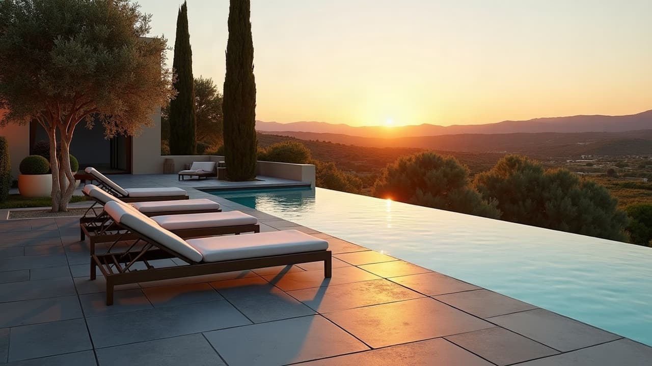 Terrasse en pierre bleu-gris ardoise autour d'une piscine à débordement, coucher de soleil sur la garrigue