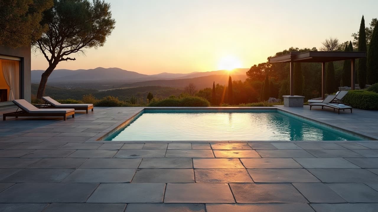 Terrasse en pierre bleu-gris ardoise autour d'une piscine à débordement, coucher de soleil sur la garrigue