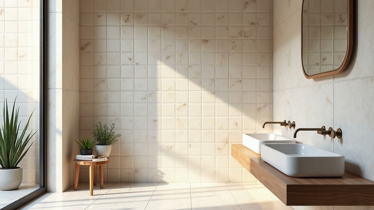 Salle d'eau d'un mas, murs en zellige ivoire tacheté 10x10, vasque en pierre et robinetterie laiton