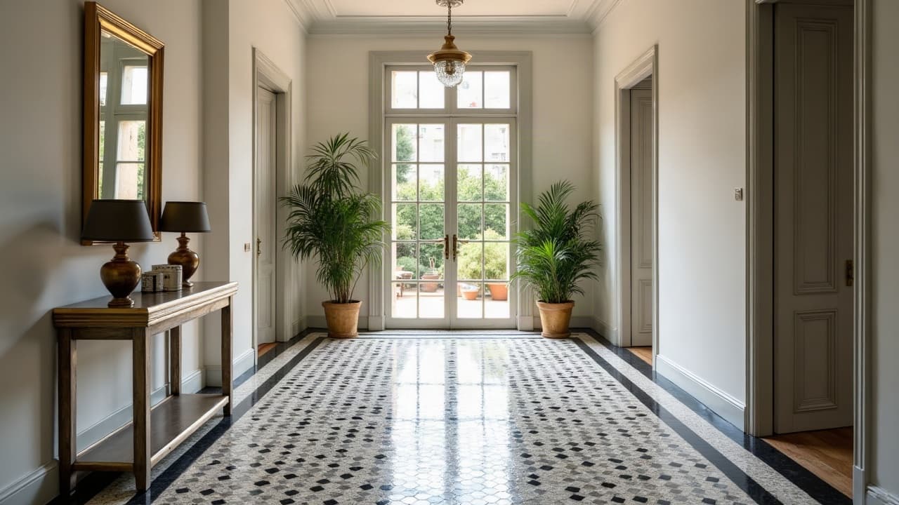 Entrée d'un appartement ancien, sol en mosaïque hexagonale noir et blanc, console