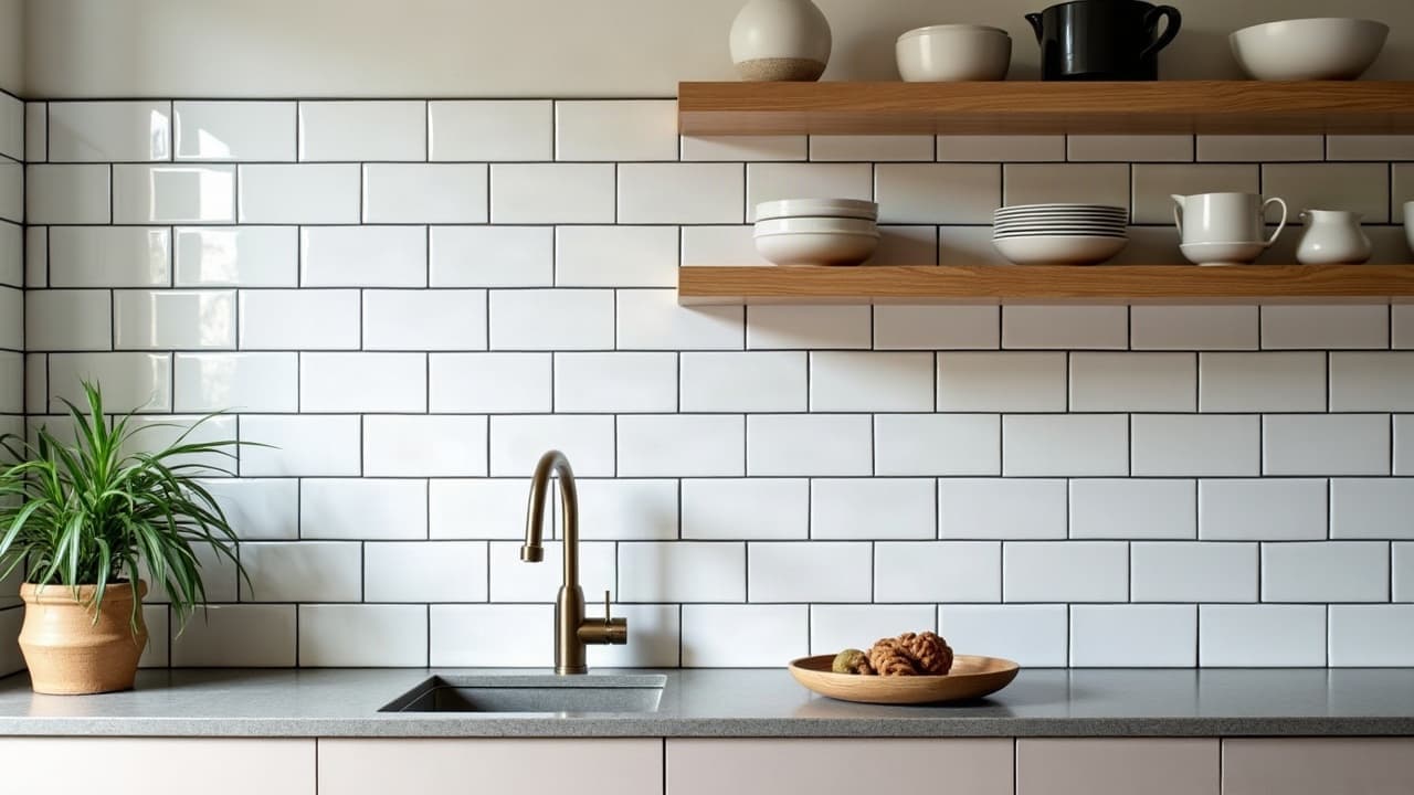 Crédence de cuisine en faïence métro blanche, étagères en chêne
