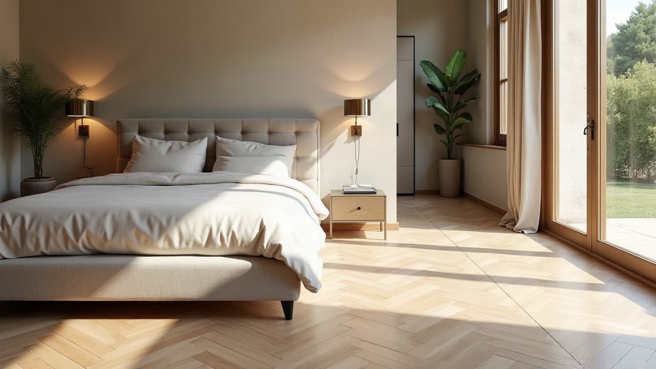Chambre d'une villa contemporaine, sol en chevrons effet chêne en grès cérame
