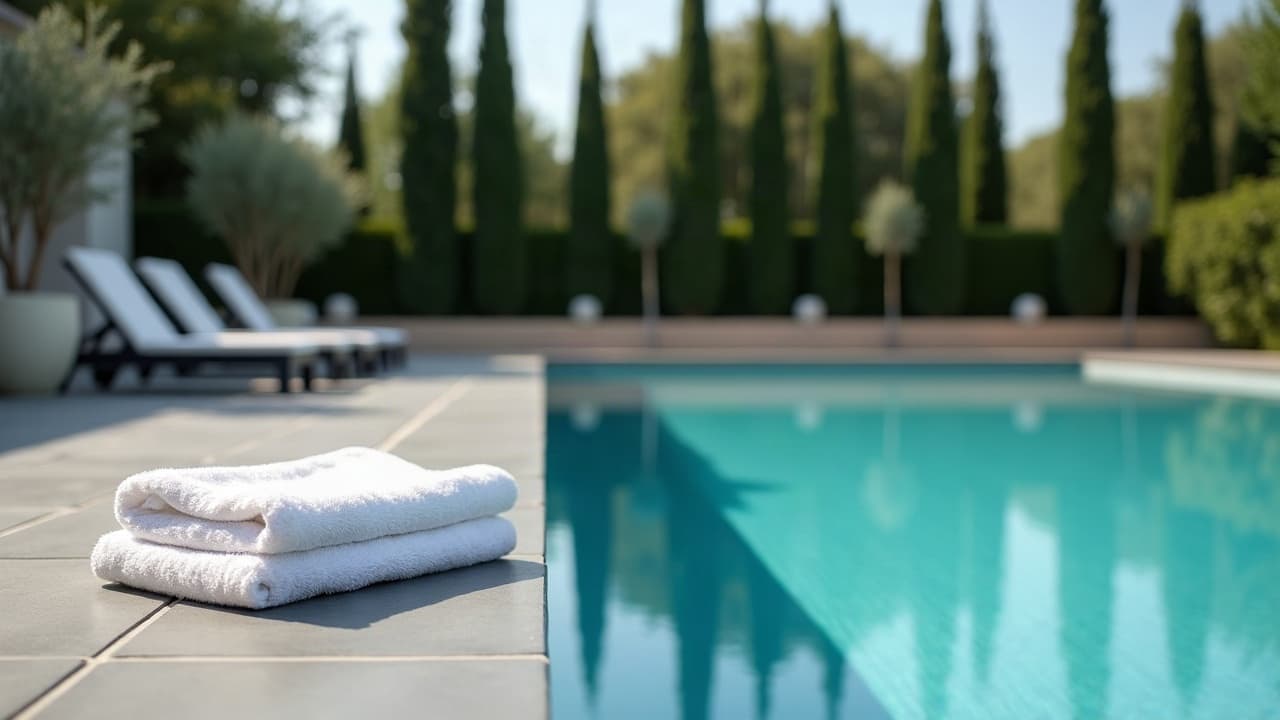 Plage de piscine en pierre claire, eau turquoise et cyprès