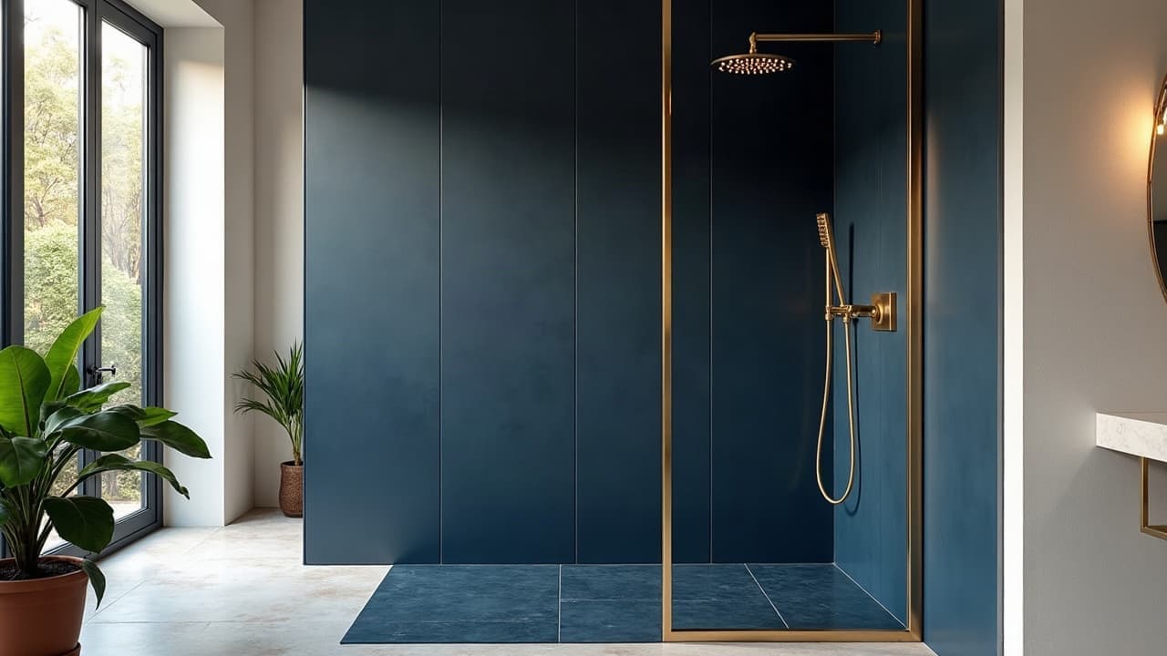 Douche à l'italienne d'un loft, sol en grand format bleu nuit mat, colonne en laiton