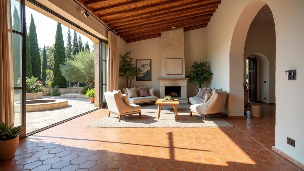 Séjour d'un mas rénové, sol en tomettes hexagonales terracotta neuves, poutres et cheminée en pierre