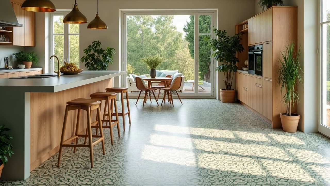 Cuisine lumineuse d'un pavillon rénové, sol en carreaux de ciment vert et crème à motifs, îlot en bois
