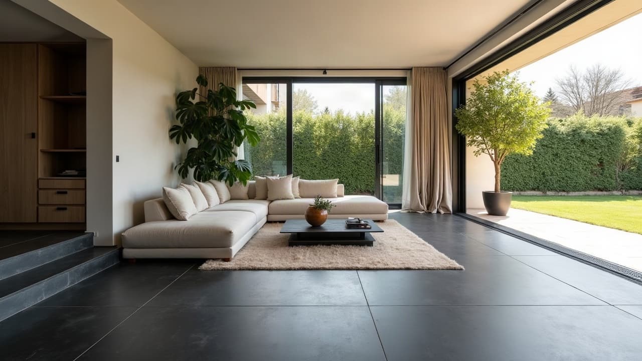 Séjour d'une villa contemporaine, sol en grand format anthracite mat, baie vitrée sur le jardin
