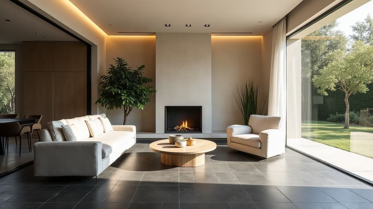 Séjour d'une villa contemporaine, sol en grand format anthracite mat, baie vitrée sur le jardin