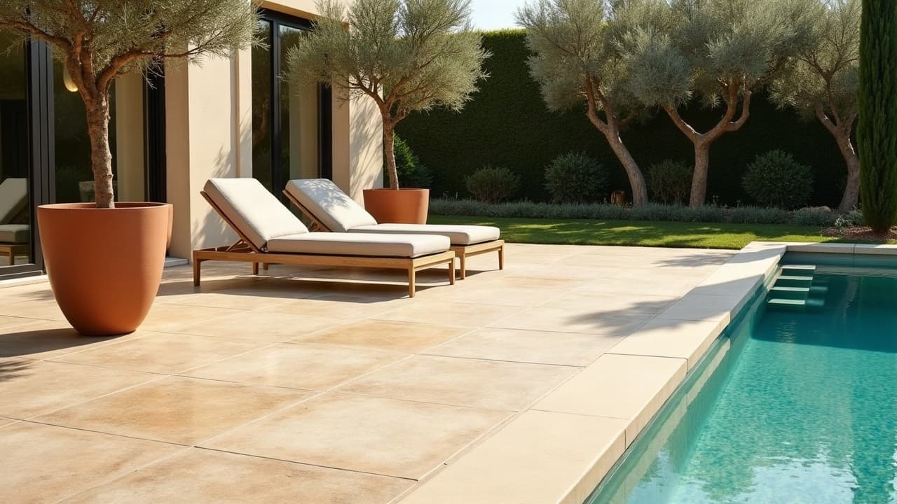 Terrasse avec piscine, sol en grès cérame effet travertin doré veiné, oliviers et transats