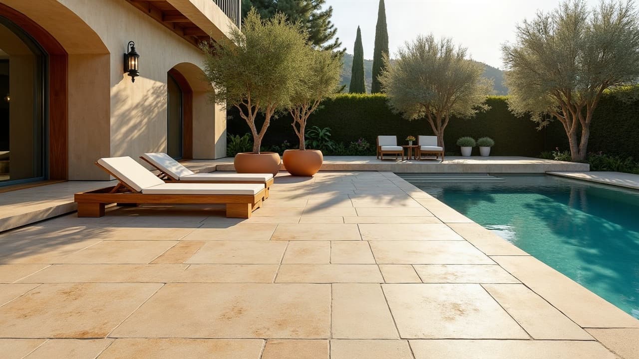 Terrasse avec piscine, sol en grès cérame effet travertin doré veiné, oliviers et transats