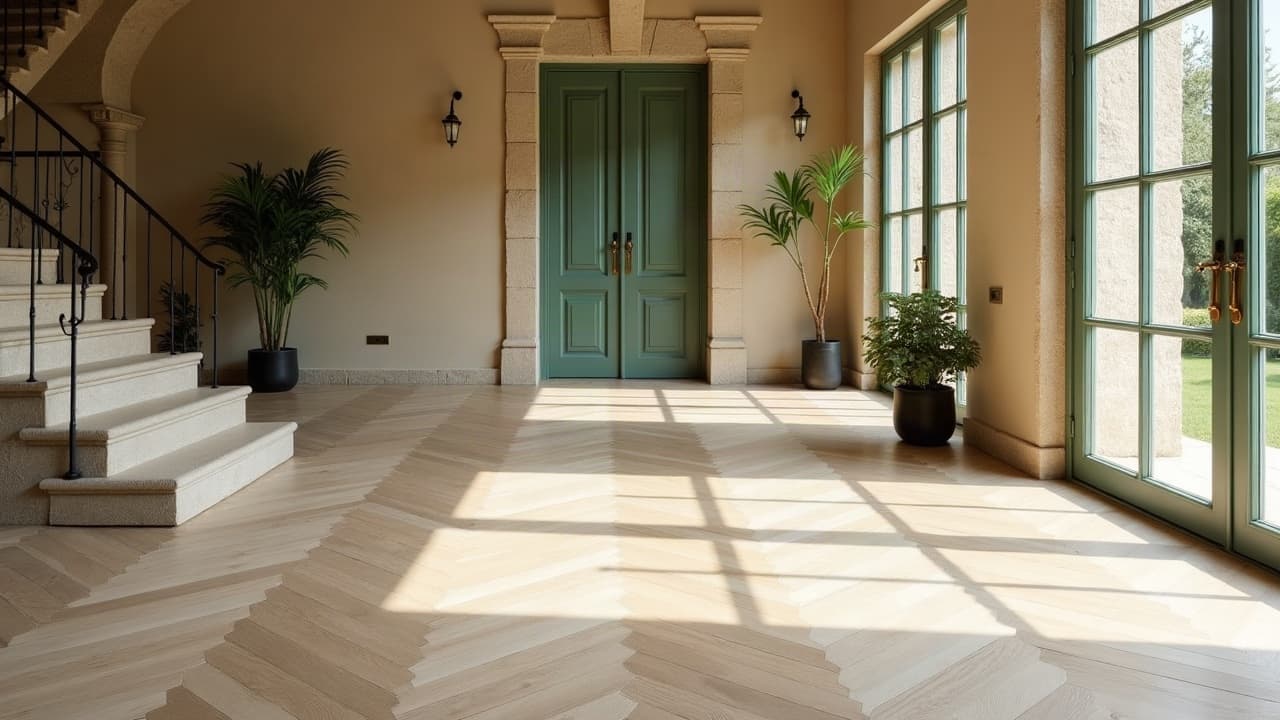Séjour d'une maison de village, sol en chevrons effet chêne clair, escalier en pierre et porte verte