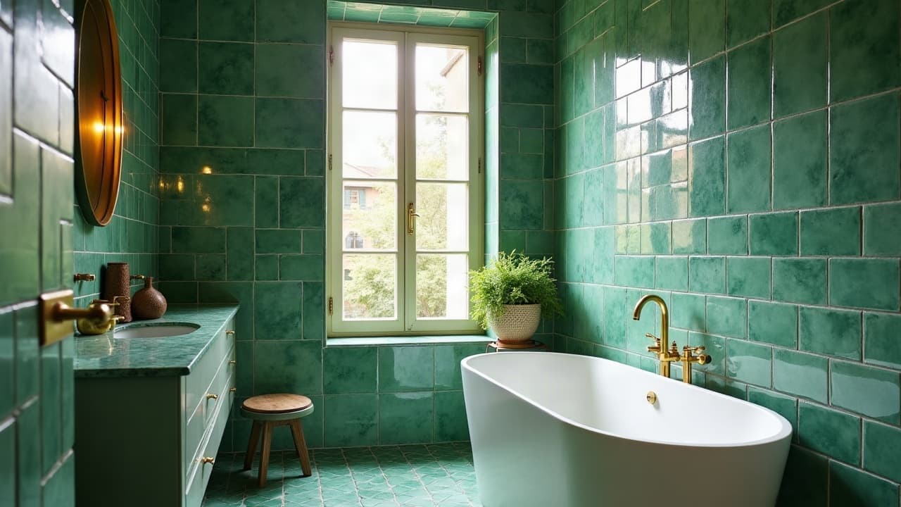 Salle d'eau d'un hôtel particulier, murs en zellige vert émeraude brillant, baignoire îlot