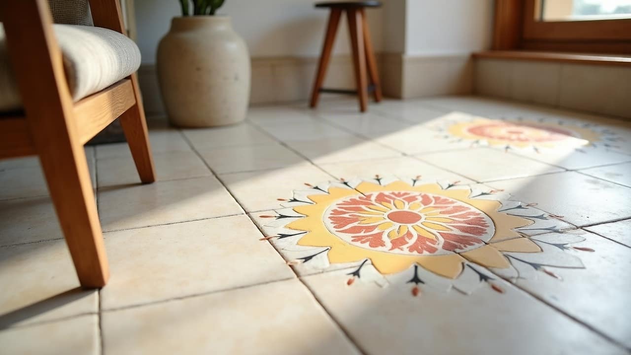 Entrée avec calepinage de carreaux de ciment ocre et terracotta à motif rosace