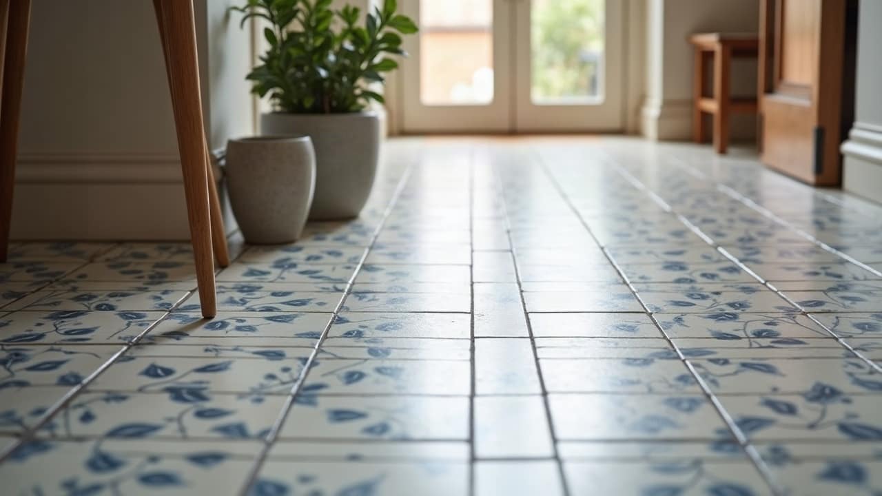 Entrée d'un appartement ancien, sol en carreaux de ciment bleu nuit et blanc à motifs