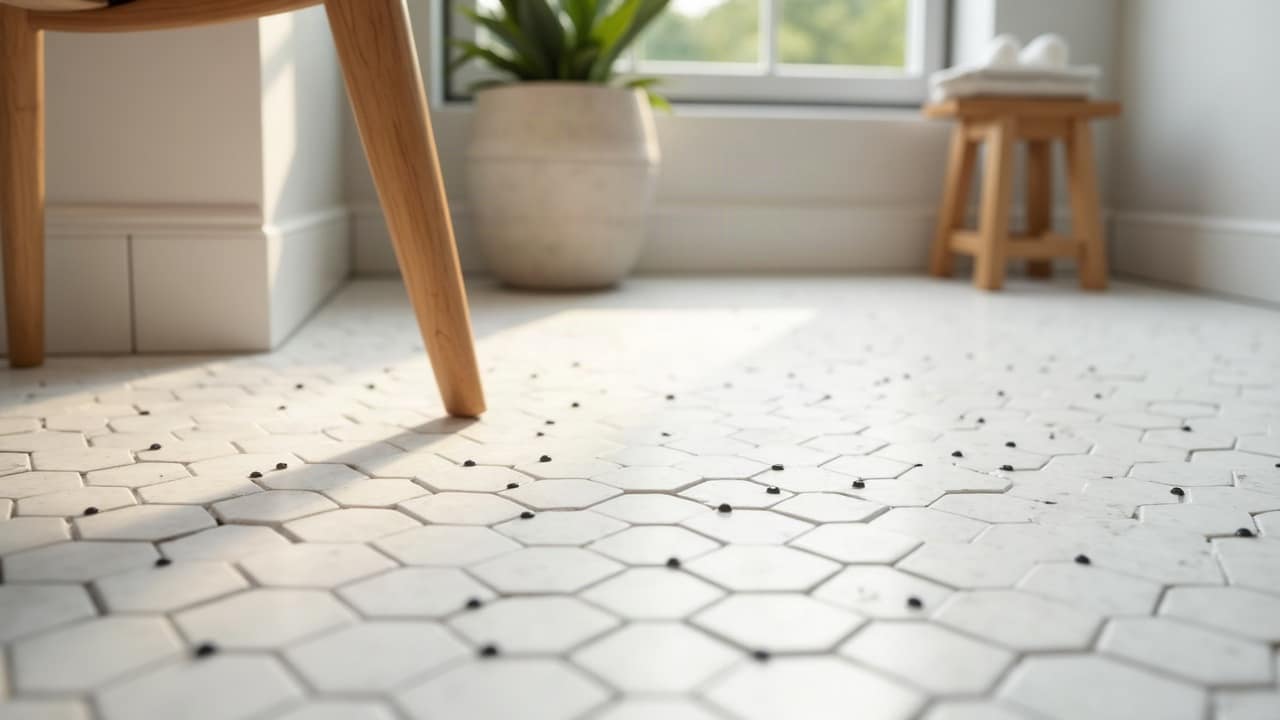 Sol de douche en mosaïque hexagonale blanche à cabochons noirs, siphon laiton