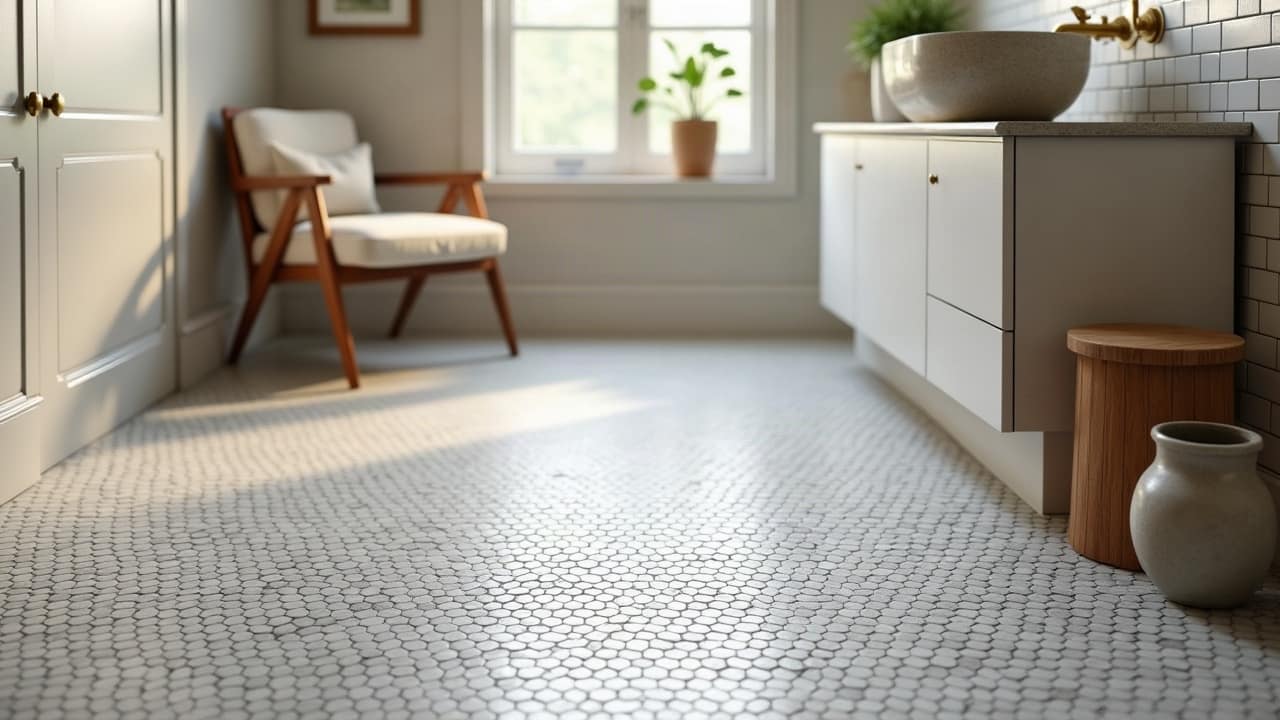Salle d'eau en mosaïque hexagonale noir et blanc, vasque en pierre et robinetterie laiton