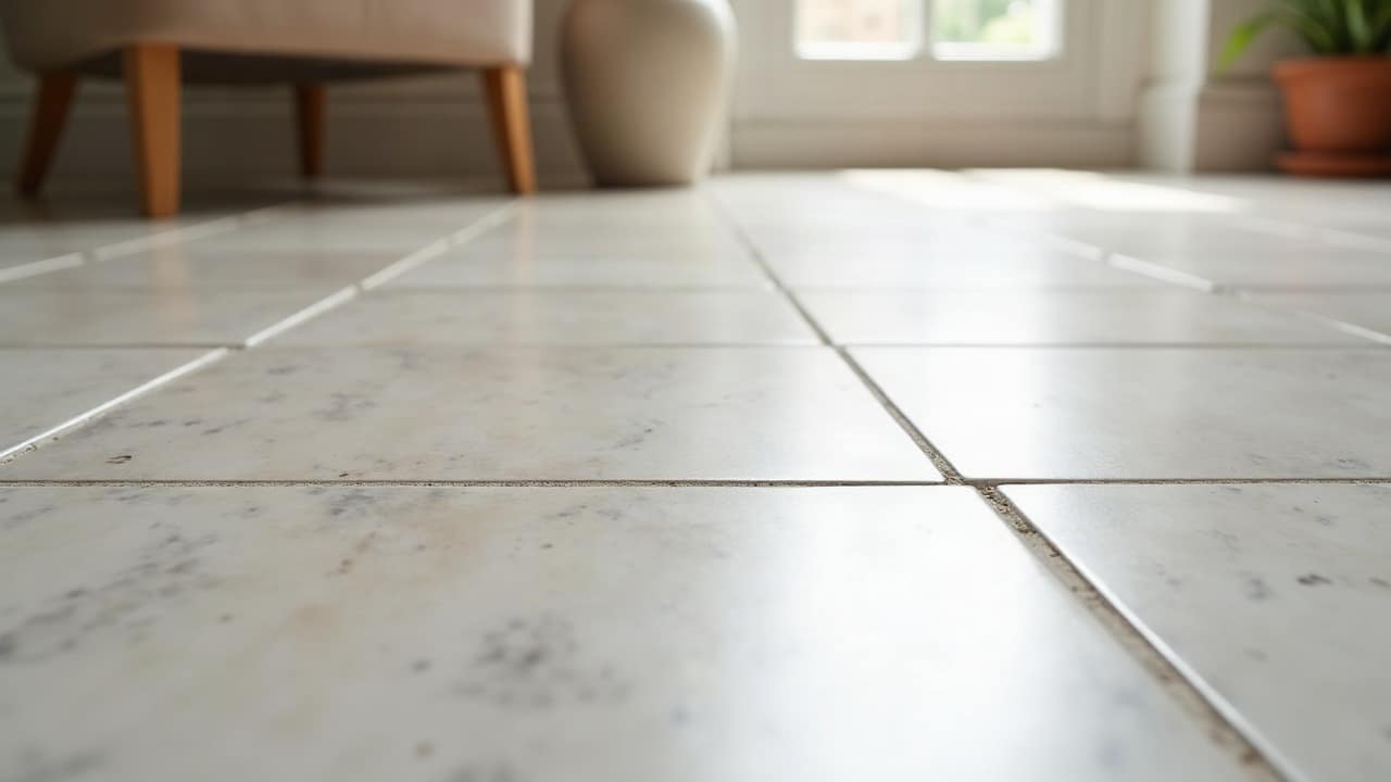 Détail d'un sol en grand format effet marbre veiné gris, joints fins et réguliers