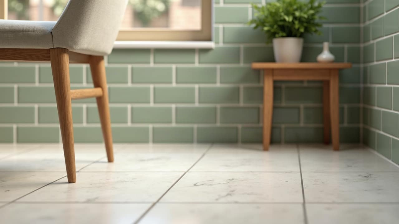 Crédence de cuisine en faïence métro vert olive, étagère fine en laiton