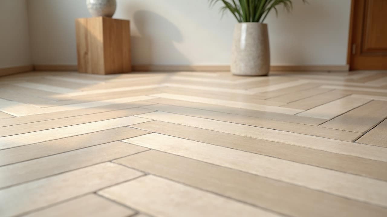Sol en chevrons effet chêne caramel en grès cérame, joints fins
