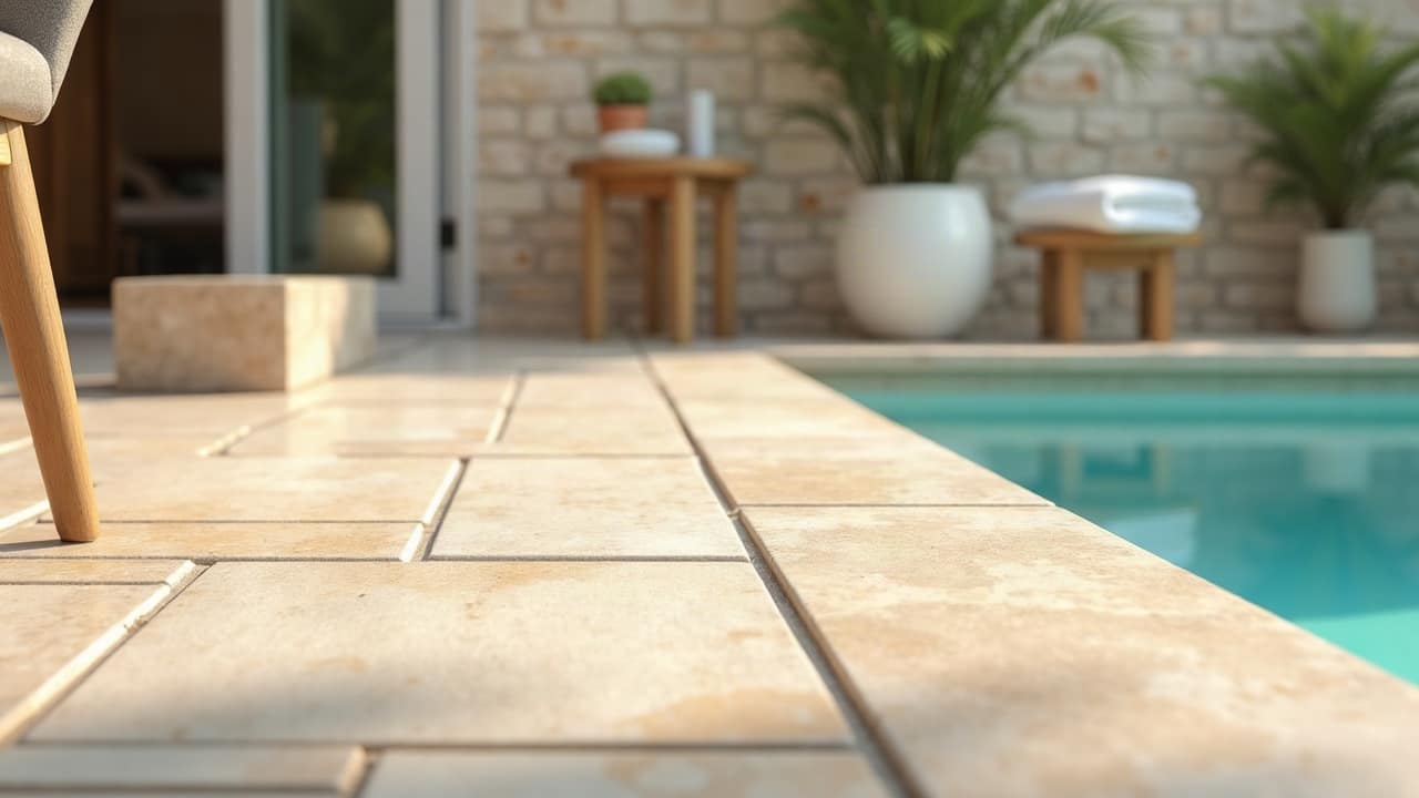 Plage de piscine en grès cérame effet travertin doré veiné, eau turquoise