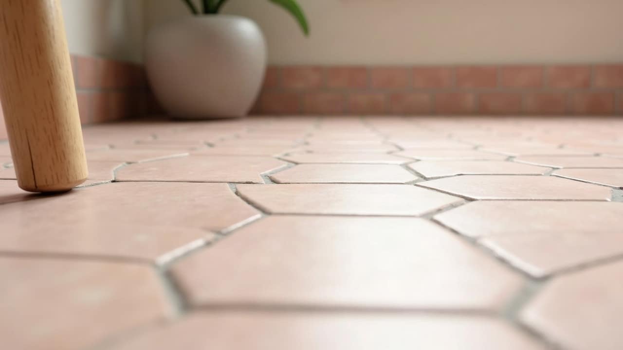 Cuisine de mas, sol en tomettes hexagonales rose pâle neuves, joints clairs